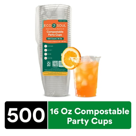 ECO SOUL 100% Compostable Disposable Party Cups, 16 oz, 500 Count