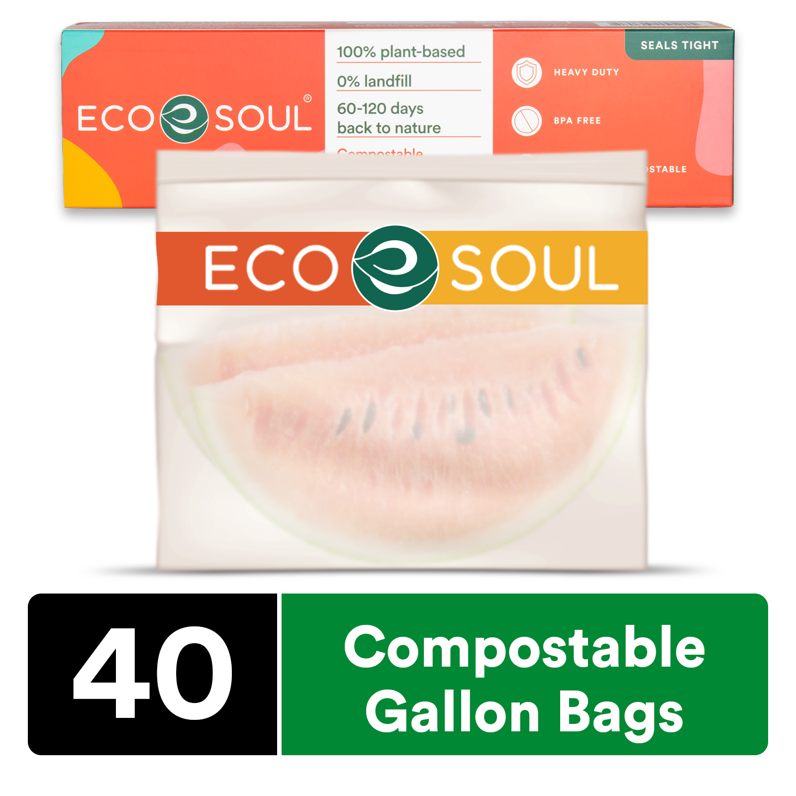 ECO SOUL 100 Compostable Gallon Bags [40 Counts] Resealable Bags