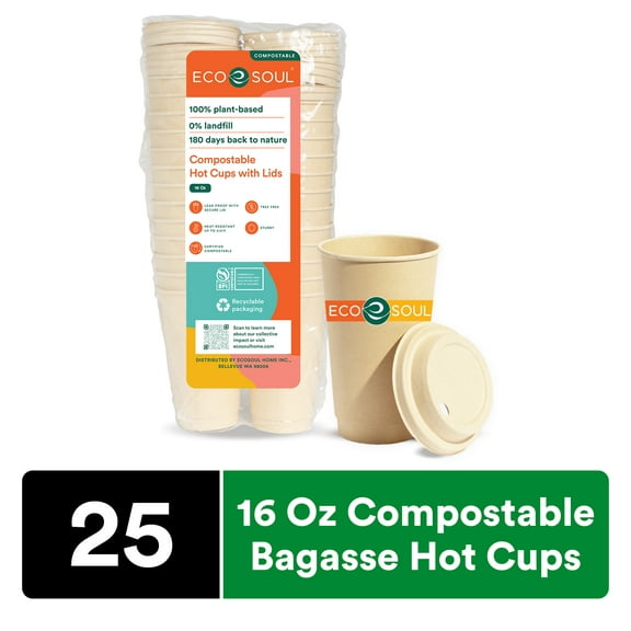 ECO SOUL 100% Compostable Plant Based 16 oz Bagasse Hot Cups with Lids, 25 Count