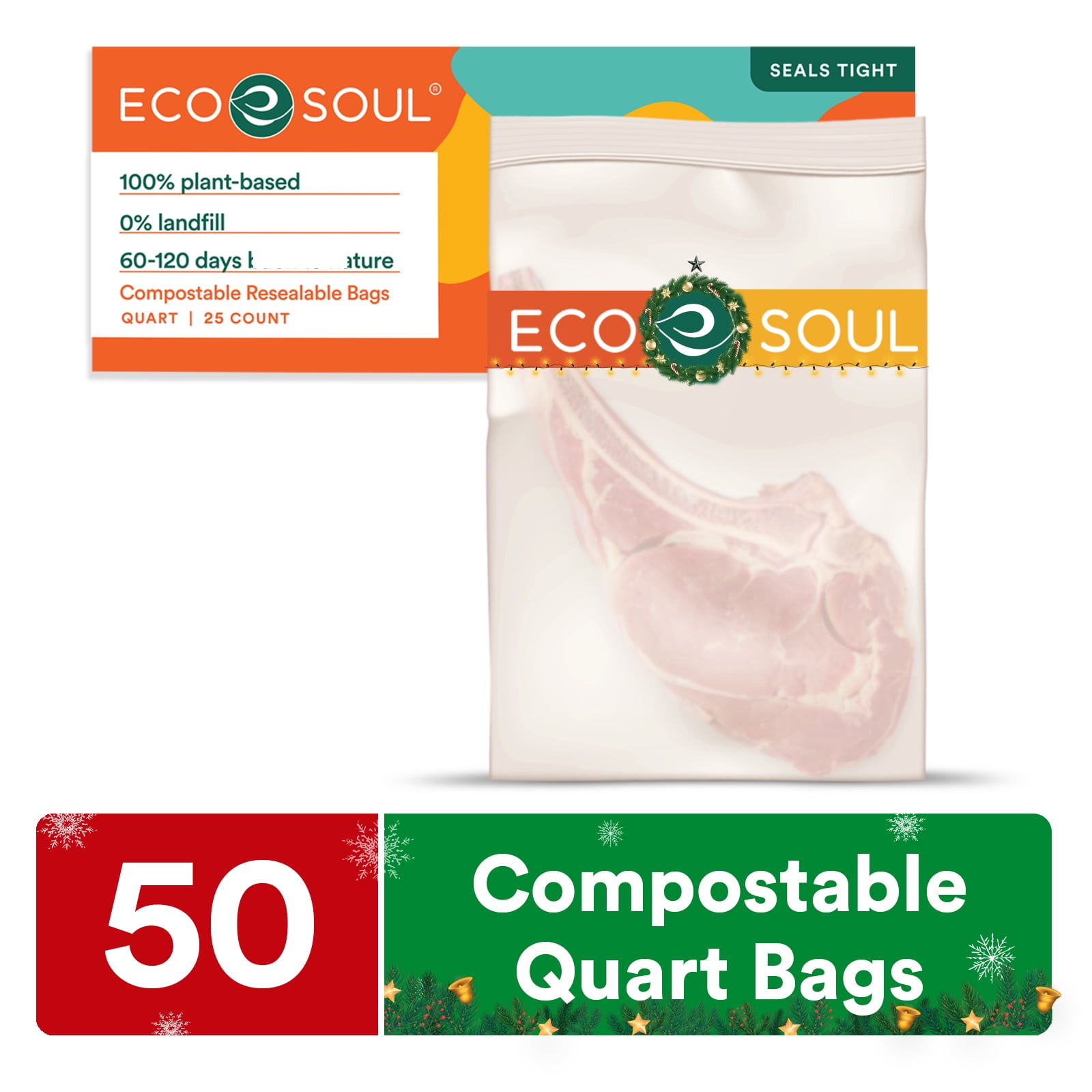 ECO SOUL 100 Compostable Quart Bags [50 Counts] Resealable Bags