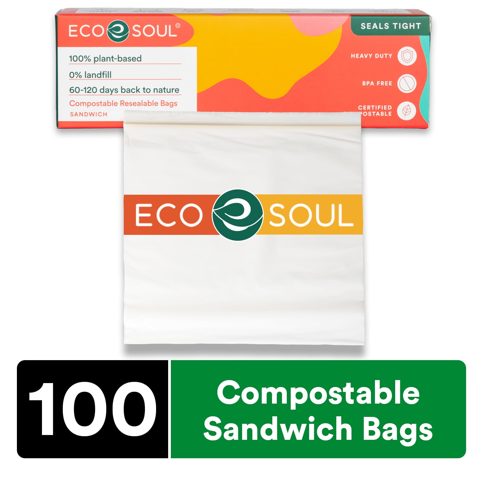 ECO SOUL 100 Compostable Sandwich Bags [100 Counts] Resealable Bags