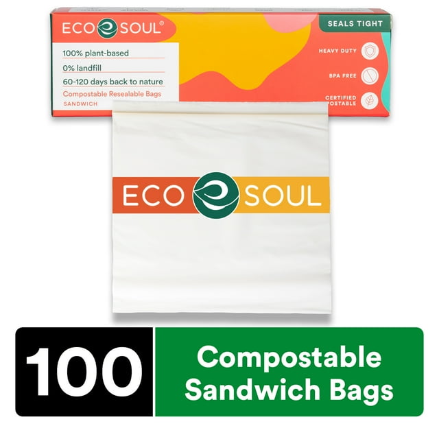 ECO SOUL 100 Compostable Sandwich Bags [100 Counts] Resealable Bags for Food, Freezer Bags, Eco