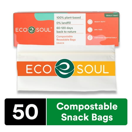 ECO SOUL 100% Compostable Snack Bags [50 Counts] Resealable Bags for Food, Freezer Bags, Eco-Friendly Zip Bags, Reusable Biodegradable Bags