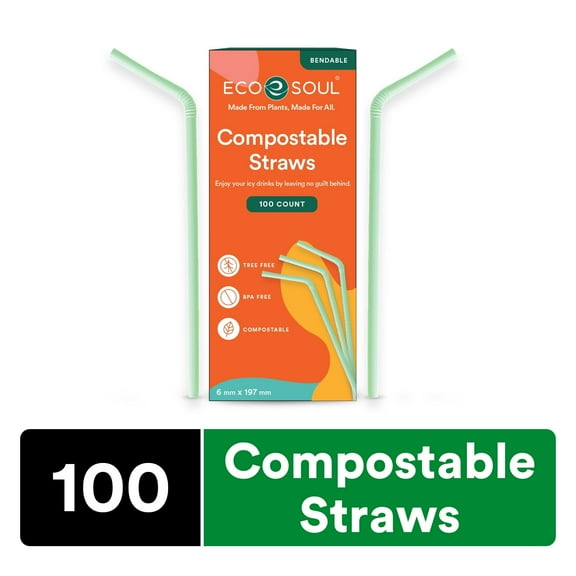 ECO SOUL 100% Compostable Straws [100 Count] [8.25"] Eco-Friendly Biodegradable Sustainable Disposable Straws, Cocktail Cold Drink Smoothie Bendable Straws