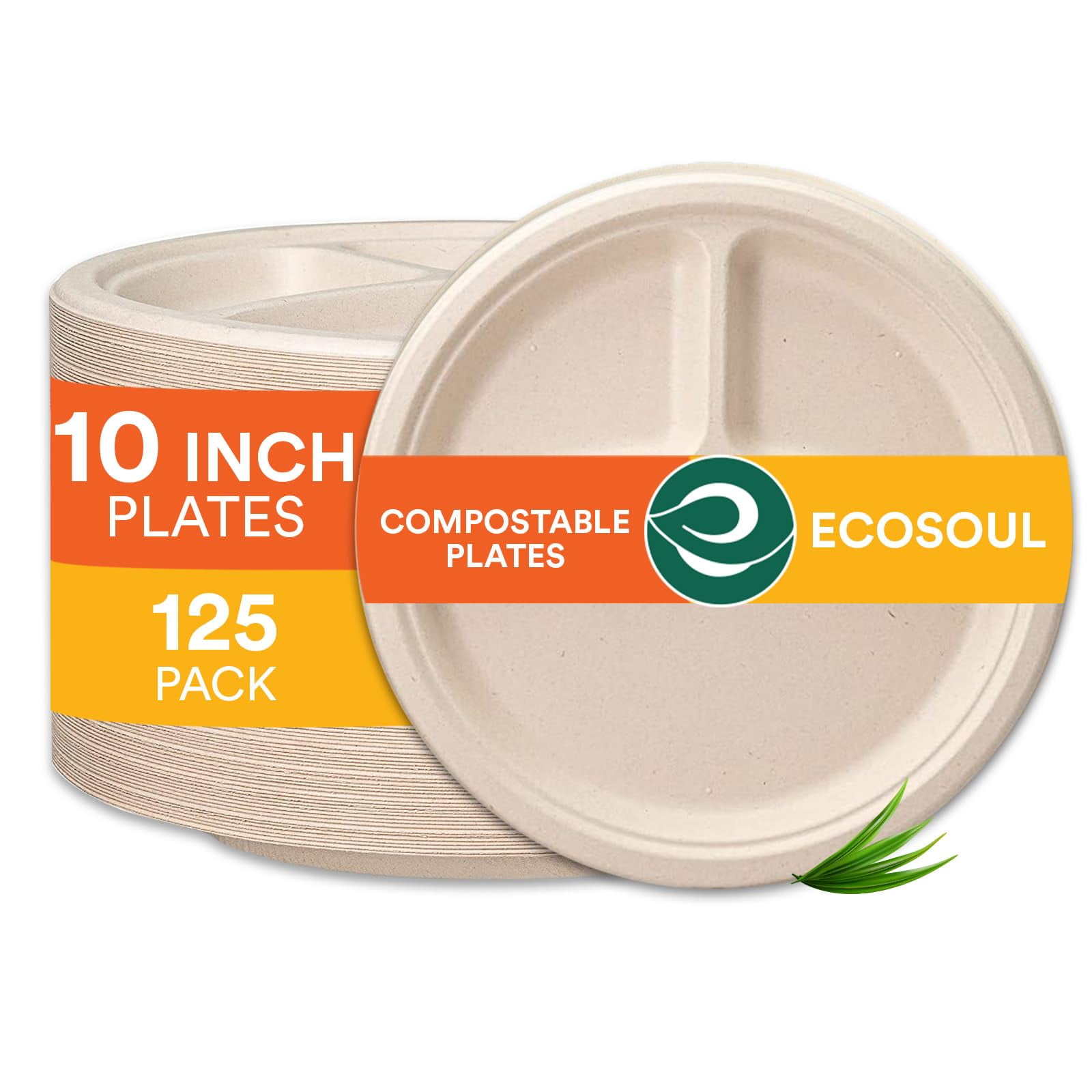 ECO SOUL 100 Compostable, YPF5 Disposable Bagasse Paper Plates 10
