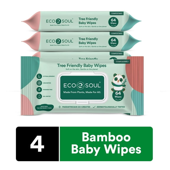 ECO SOUL 100% Tree Free Premium Baby Wipes | 4 Pack of 64 | 256 Count | 99% Purified Water, Hypoallergenic, Eco-Friendly, Biodegradable Baby Wipe, Sustainable, Organic