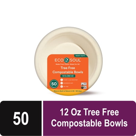ECO SOUL 100% Compostable 12 oz Bagasse Bowls, 50 counts | Heavy-Duty Disposable Bowls | Eco-Friendly Made of Sugarcane Fibers-Natural Unbleached Biodegradable Bowls