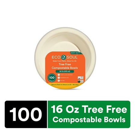 ECO SOUL 16 Oz, 100 Count, 100 Pack Disposable Paper Bowls - Beige, Solid Print, Party, Heavy Duty