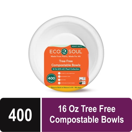 ECO SOUL 16 Oz, 400 Count, White Disposable Paper Bowls, Heavy Duty, Solid Print, Wedding