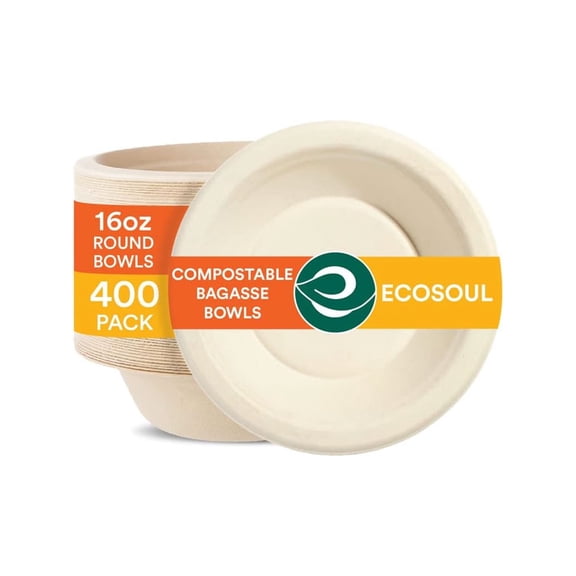 ECO SOUL 100 Percent Compostable Disposable Bagasse Bowls, Sturdy Bowls, Heavy Duty, Paper Bowl, Eco-Friendly, Salad Bowl, Biodegradable, Large Bowls - Round - 16 Oz - 400 Count