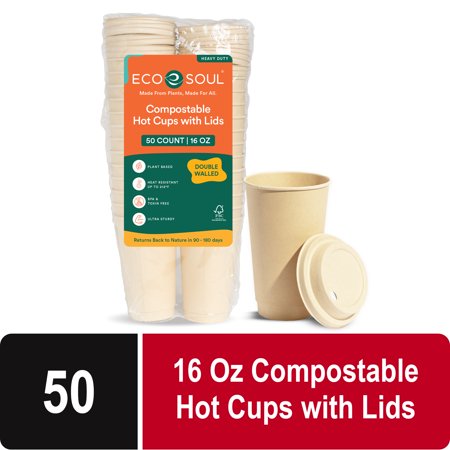 EcoSoul Compostable Plant Based 16 Oz Bagasse Hot Cups with Lids, 50 Count