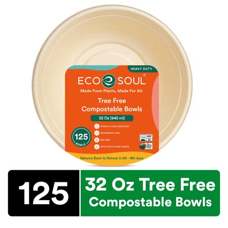 ECO SOUL 100% Compostable 32 oz Bagasse Bowls, 125 counts | Heavy-Duty Disposable Bowls | Eco-Friendly Made of Sugarcane Fibers-Natural Unbleached Biodegradable Bowls
