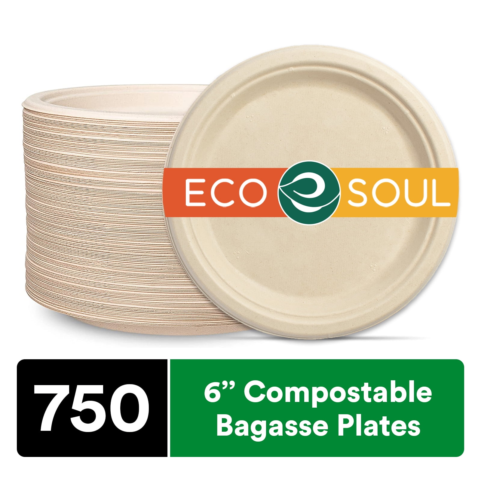 ECO SOUL [6", 750Pack Compostable Bagasse Round Plates Disposable