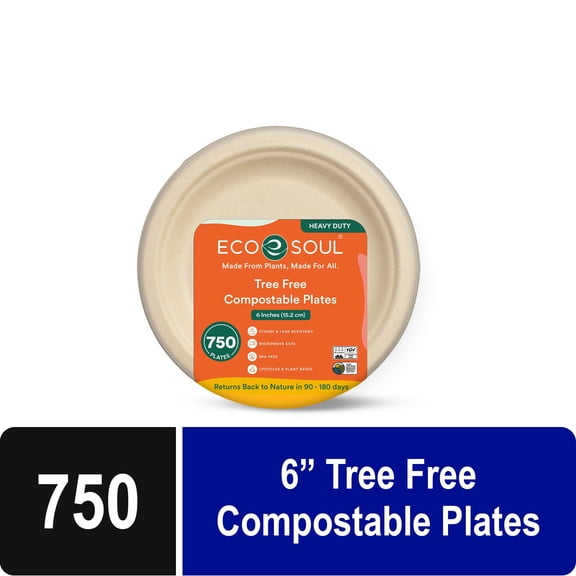 Eco Soul 6-Inch Round 750-Count Disposable Paper Plates, Heavy-Duty Eco-Friendly