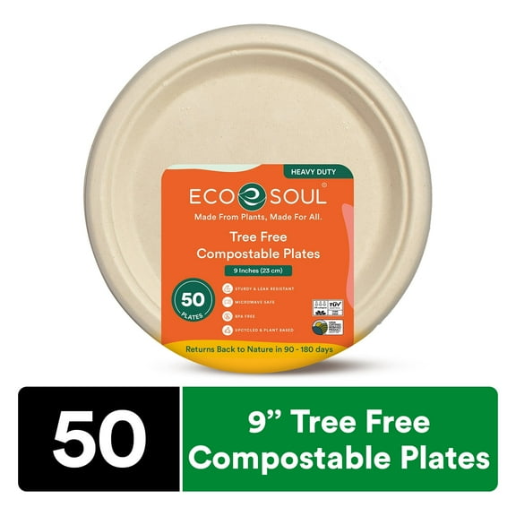 Ecosoul 9 Inch Heavy Duty Disposable Paper Plates, 50 Count, 1 Pack