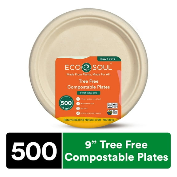 ECO SOUL 100% Compostable 9 Inch Bagasse Paper Plates, 500 Counts | Heavy-Duty Disposable Plates | Eco-Friendly Made of Sugarcane Fibers-Natural Unbleached Biodegradable Plates