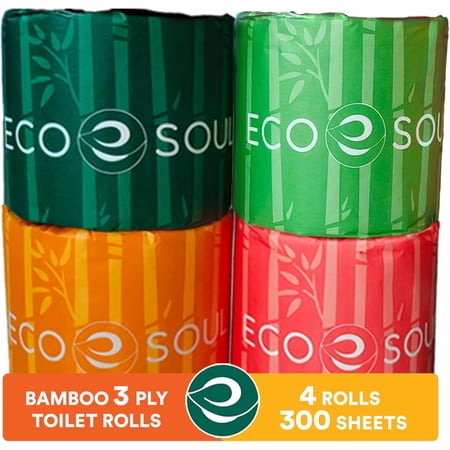 ECO SOUL Bamboo Toilet Paper 3 Ply 4 Mega Rolls = 8 Regular Rolls | Eco Friendly Septic Safe Organic Bath Tissues Sustainable Toilet Paper Compostable - FSC Certified