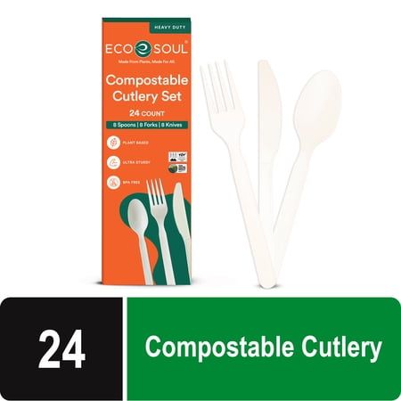 ECO SOUL Plant-Based Compostable Cutlery Set – Forks, Spoons, Knives – 24 Count