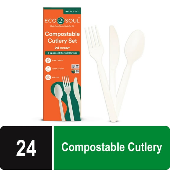 ECO SOUL Plant-Based Compostable Cutlery Set – Forks, Spoons, Knives – 24 Count