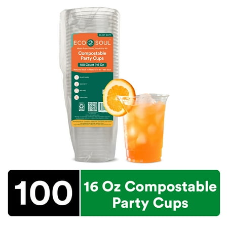 ECO SOUL Compostable Plant-Based 16 Oz Clear Disposable Plastic Cups, 100 Count (1 Pack)