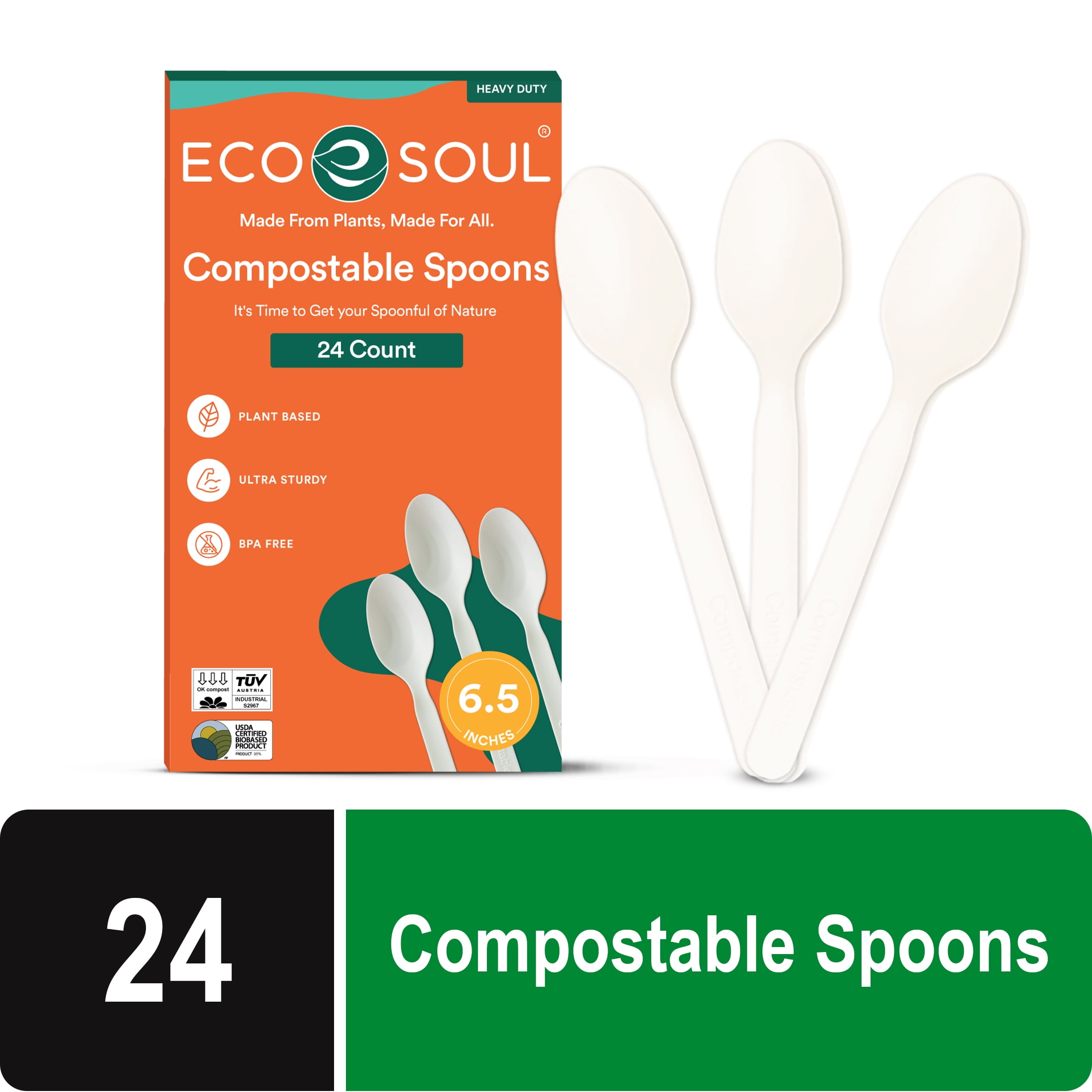 Eco Soul Plant-Based Compostable Spoons, 24 Count