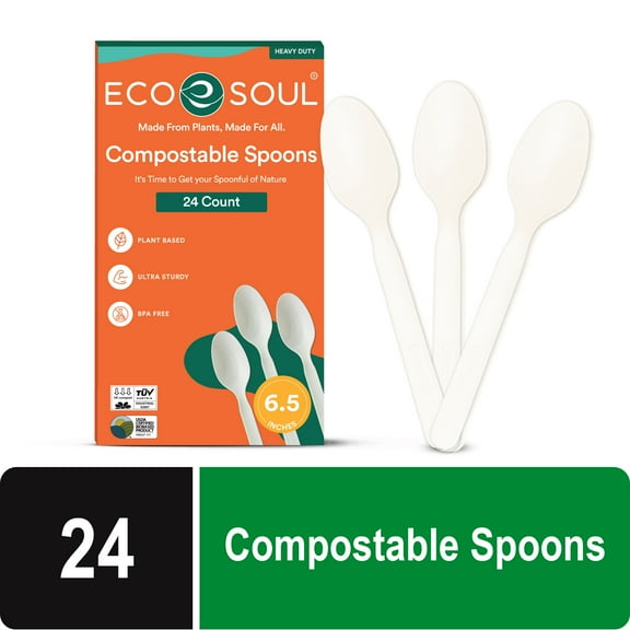 Eco Soul Spoons, Compostable, Plant-Based Material, 24 Count
