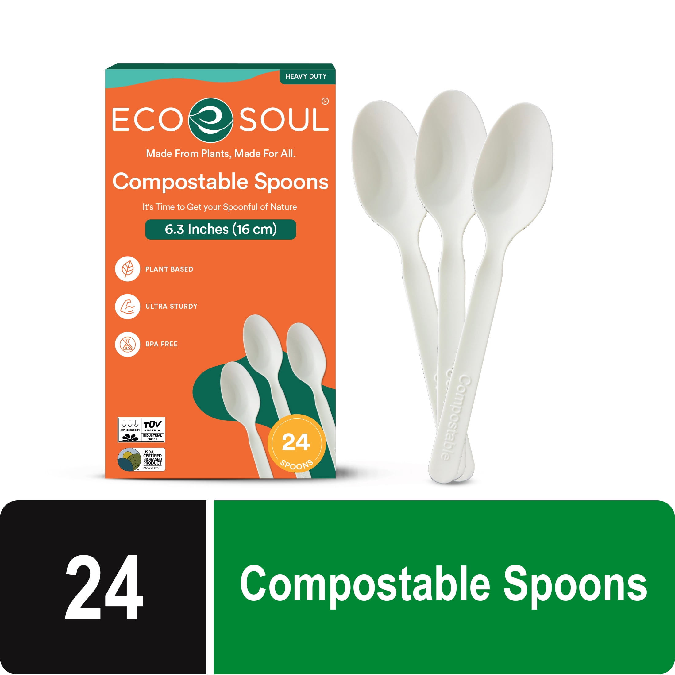 Eco Soul Spoons, Compostable, Plant-Based Material, 24 Count