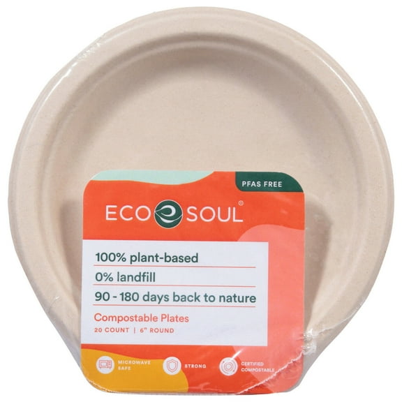 ECO SOUL Disposable Paper Plates, 6 in, 20 Count