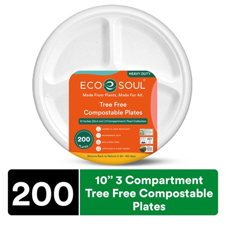 ECO SOUL Pearl White 10 inch [200-Pack] 3-Compartment Tree Free Compostable Plates I PFAS free, Heavy-Duty Eco-Friendly Dinner Plates I Biodegradable Sugarcane Eco Plates | Microwavable