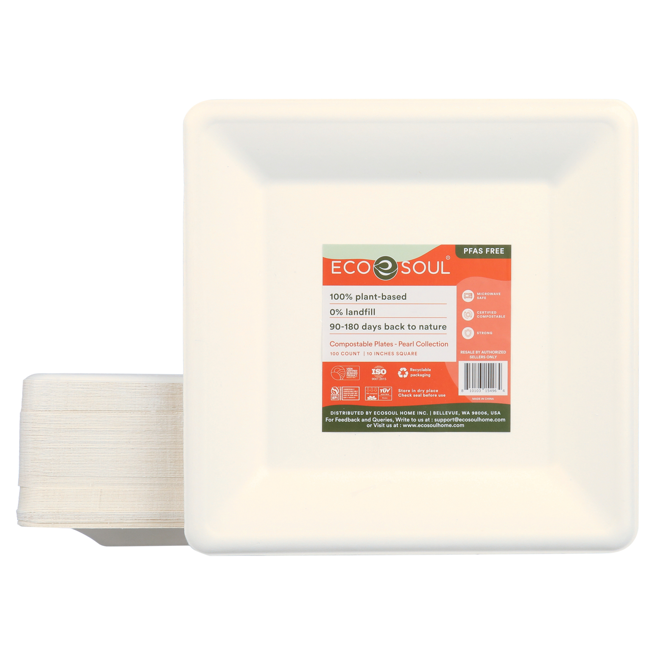 ECO SOUL Pearl White 10 Inch Square [100Pack] Paper Plates (PFAS free