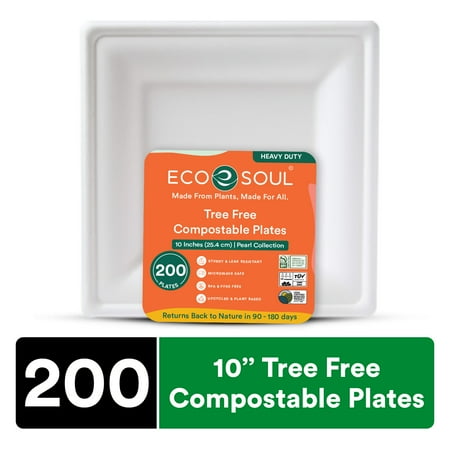 ECO SOUL Pearl White 10 Inch Square [200-Pack] Tree Free Compostable Plates I PFAS free, Heavy-Duty Eco-Friendly Dinner Plates I Biodegradable Sugarcane Eco Plates | Microwavable