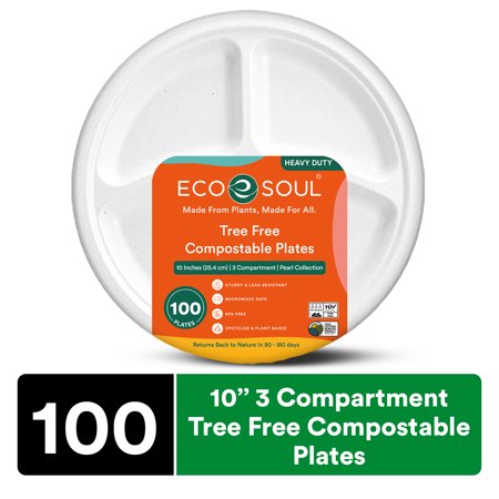 ECO SOUL 10 Inch, 100 Count Heavy Duty Disposable Paper Plates