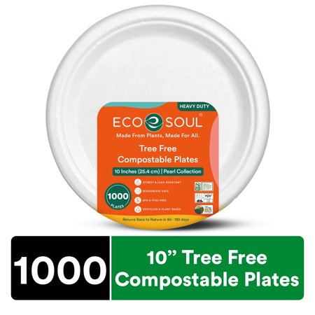 ECO SOUL Pearl White 10 Inch Round [1000-Pack] Tree Free Compostable Plates I PFAS free, Heavy-Duty Eco-Friendly Dinner Plates I Biodegradable Sugarcane Eco Plates | Microwavable