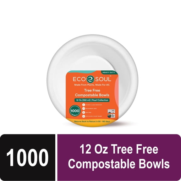 ECO SOUL Disposable Paper Bowls, 12 oz, White, 1000 Count (1 Pack)