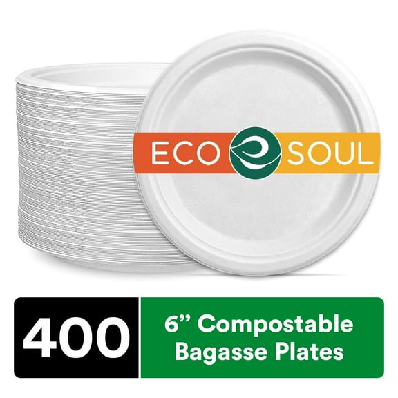 ECO SOUL Biodegradable Dinner Party Disposable Paper Plates, 6 Inch, 400 Count (1 Pack)