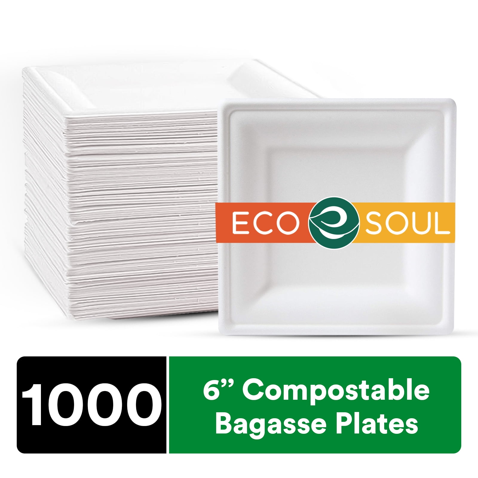 ECO SOUL Pearl White 6 Inch Square [1000Pack] Paper Plates (PFAS free