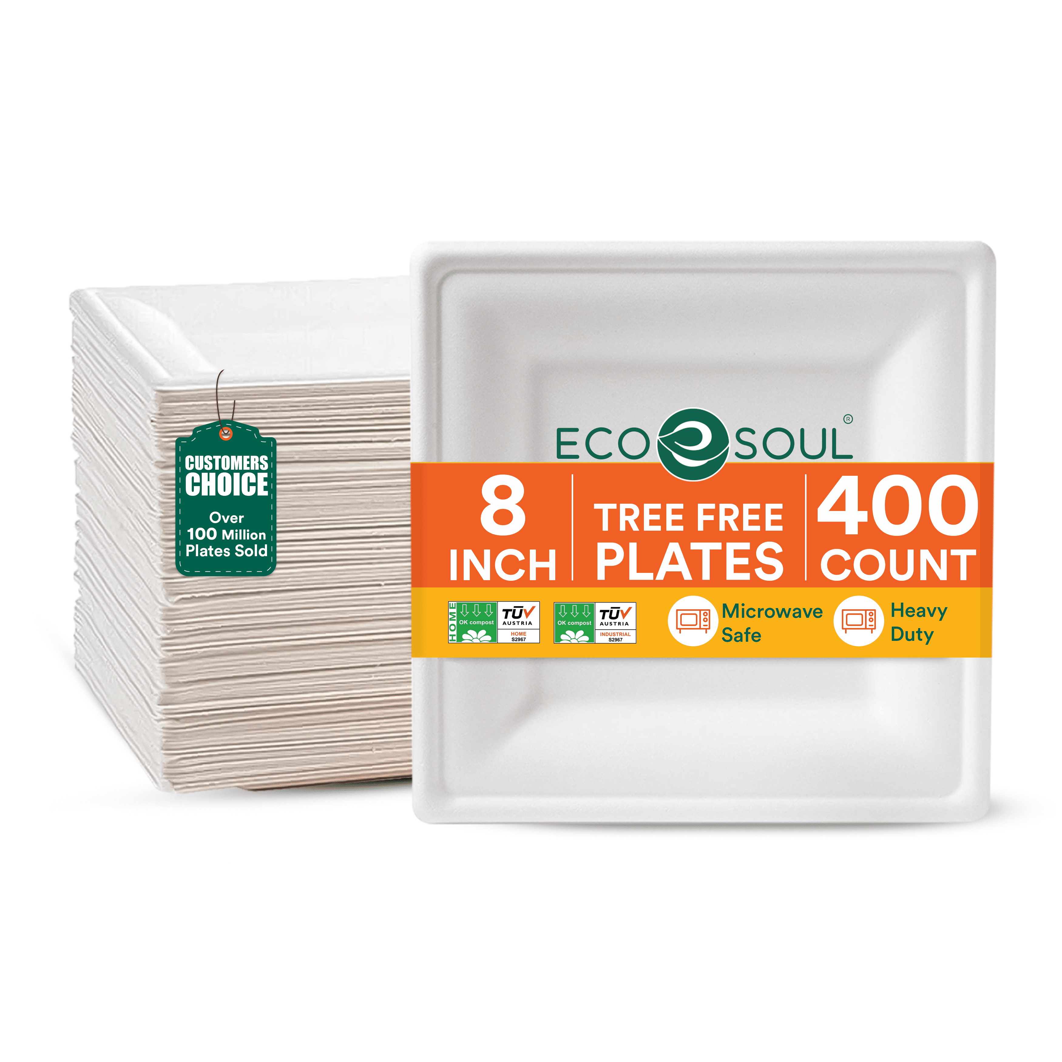 ECO SOUL Biodegradable Sugarcane Eco Plates, Casual, Heavy Duty Disposable Paper Plates, 8 in, 400 Count