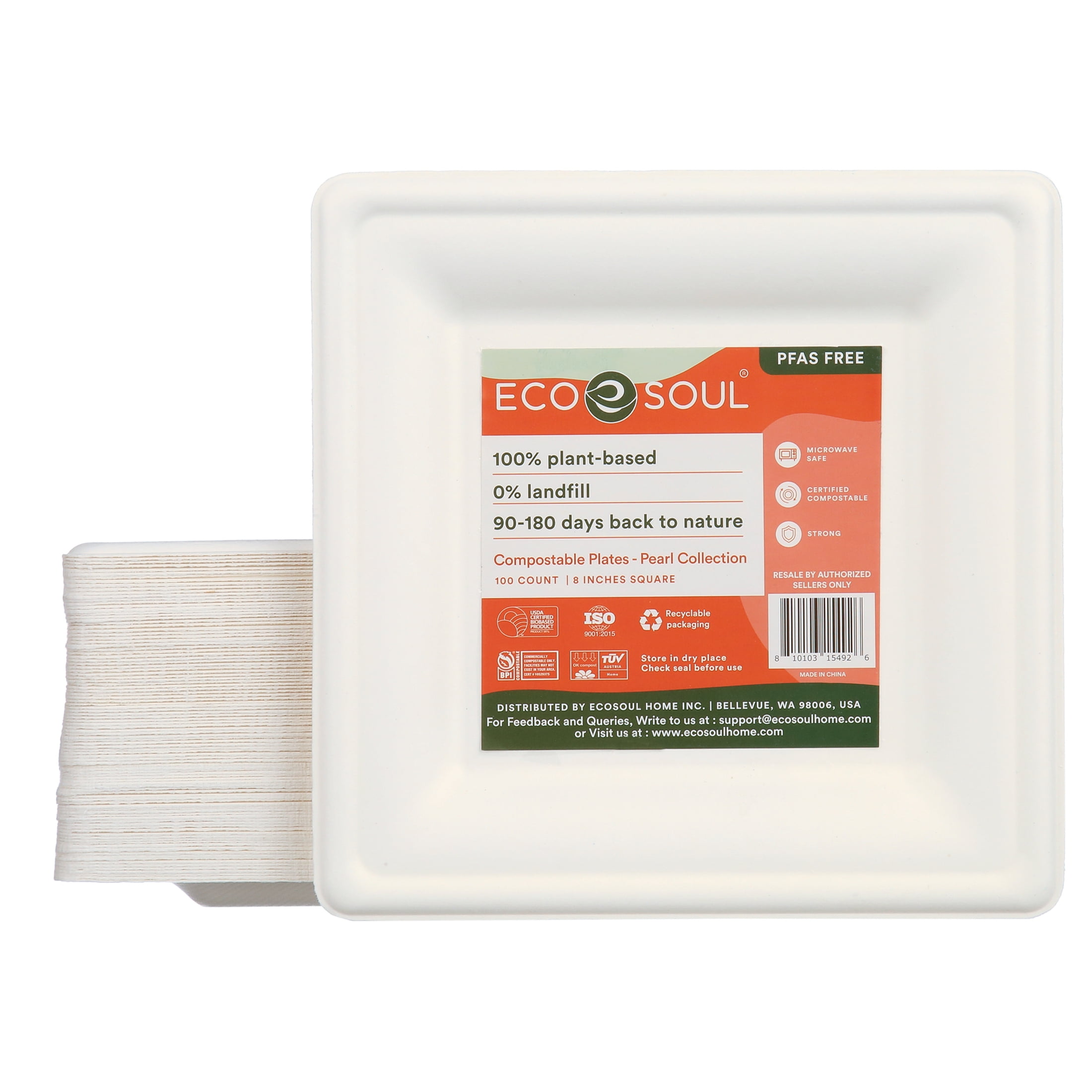 ECO SOUL Pearl White 8 inch Square [100Pack] Paper Plates (PFAS Free