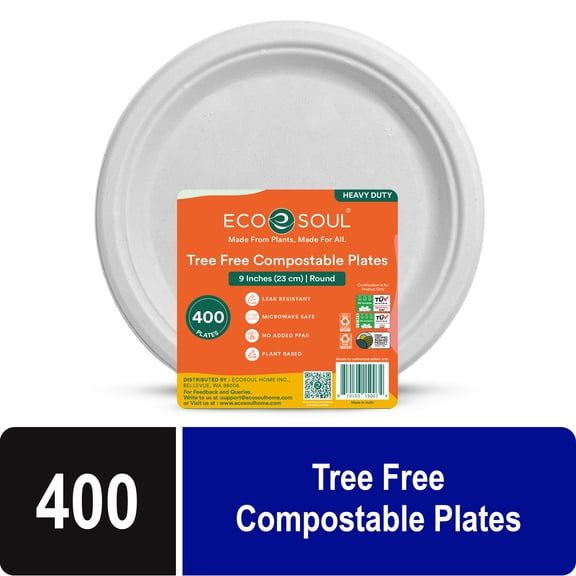 Eco Soul Pearl White Compostable Bagasse Plates, 9 inch, 400 Count