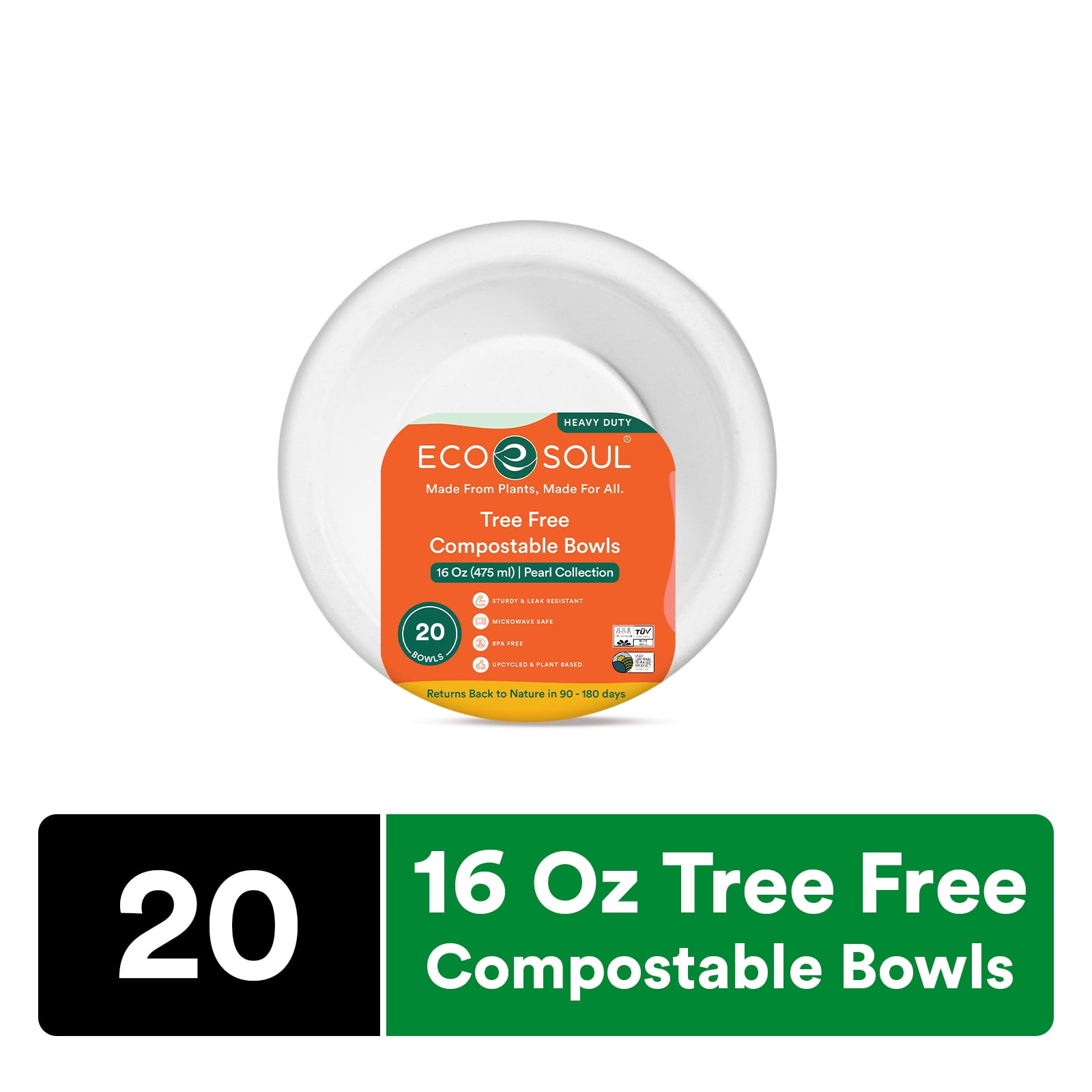 ECO SOUL Tree-Free Compostable Disposable Bowls 16 oz White 20 Count