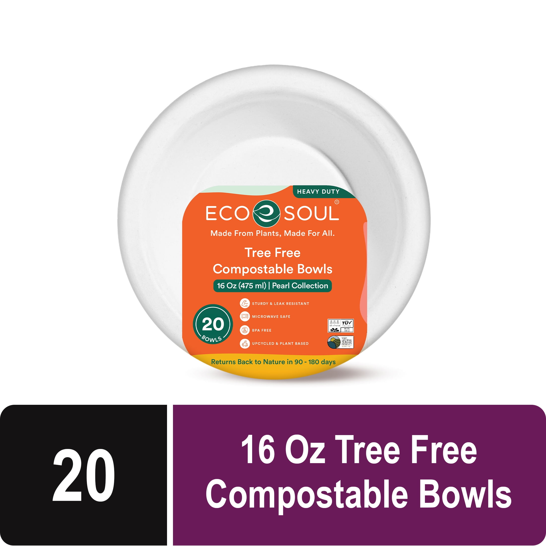 Eco Soul Plant-Based Compostable Disposable Bowls, 16 oz, 20 Count