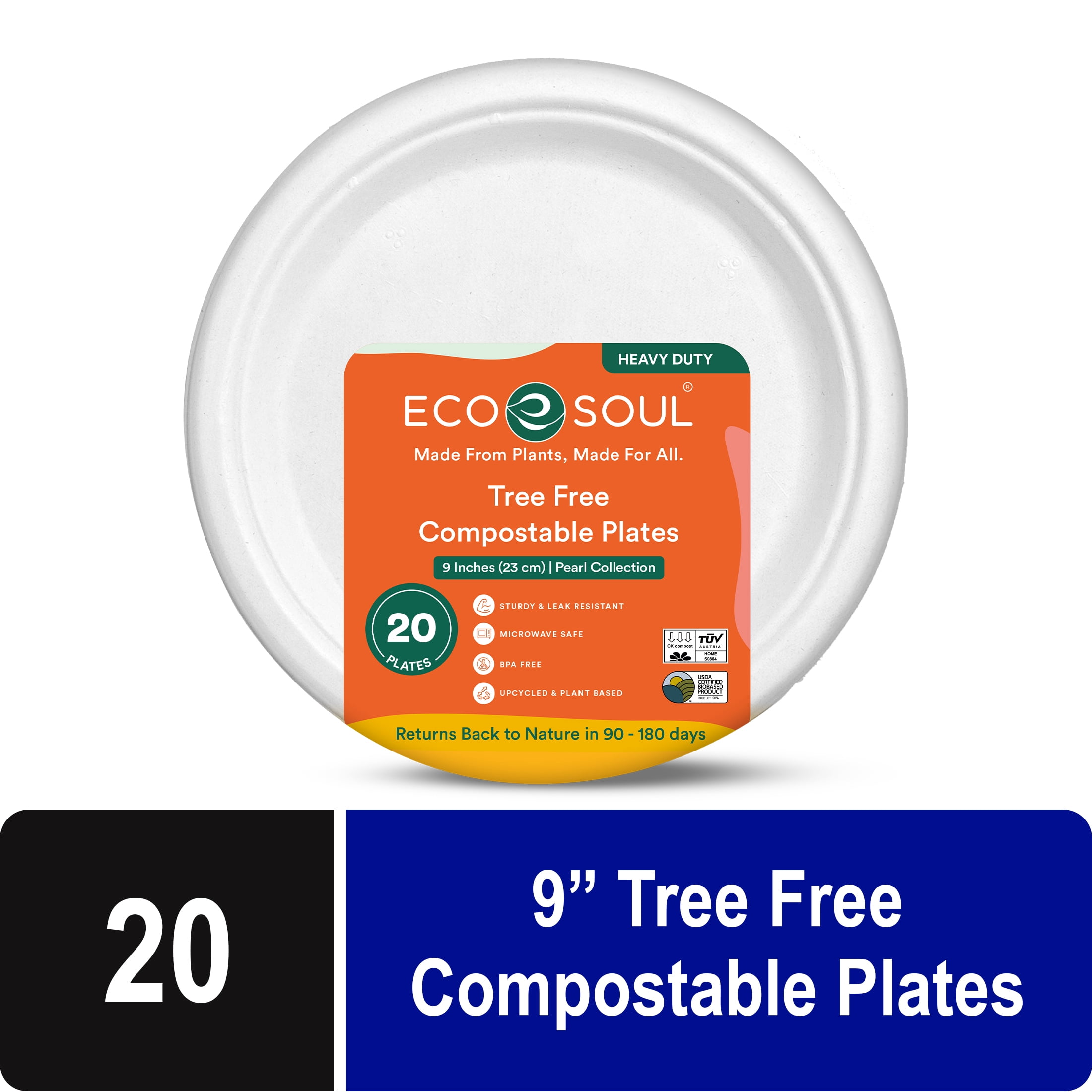 Eco Soul 9 inch Round Compostable White Plates, 20 Count