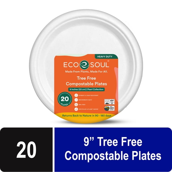 Eco Soul 9 inch Round Compostable White Plates, 20 Count