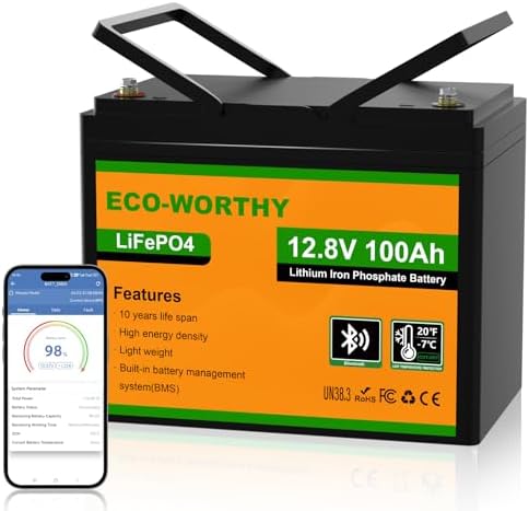 ECO-WORTHY 12V 100AH LiFePO4 Lithium Battery with Bluetooth, Max.1280Wh Energy, Low Temperature Protection, Group 24, Built-in 100A BMS, Perfect for Trolling Motor, RV, Boat, Solar Off-Grid
