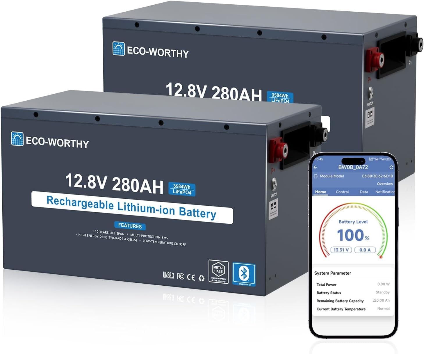 ECO-WORTHY 12V 280Ah 2 Pack Metal Case LiFePO4 Lithium Battery, Bluetooth, Low-Temp Protection, Built in 200A BMS, Off-Grid Solar, RV, Camper, Home
