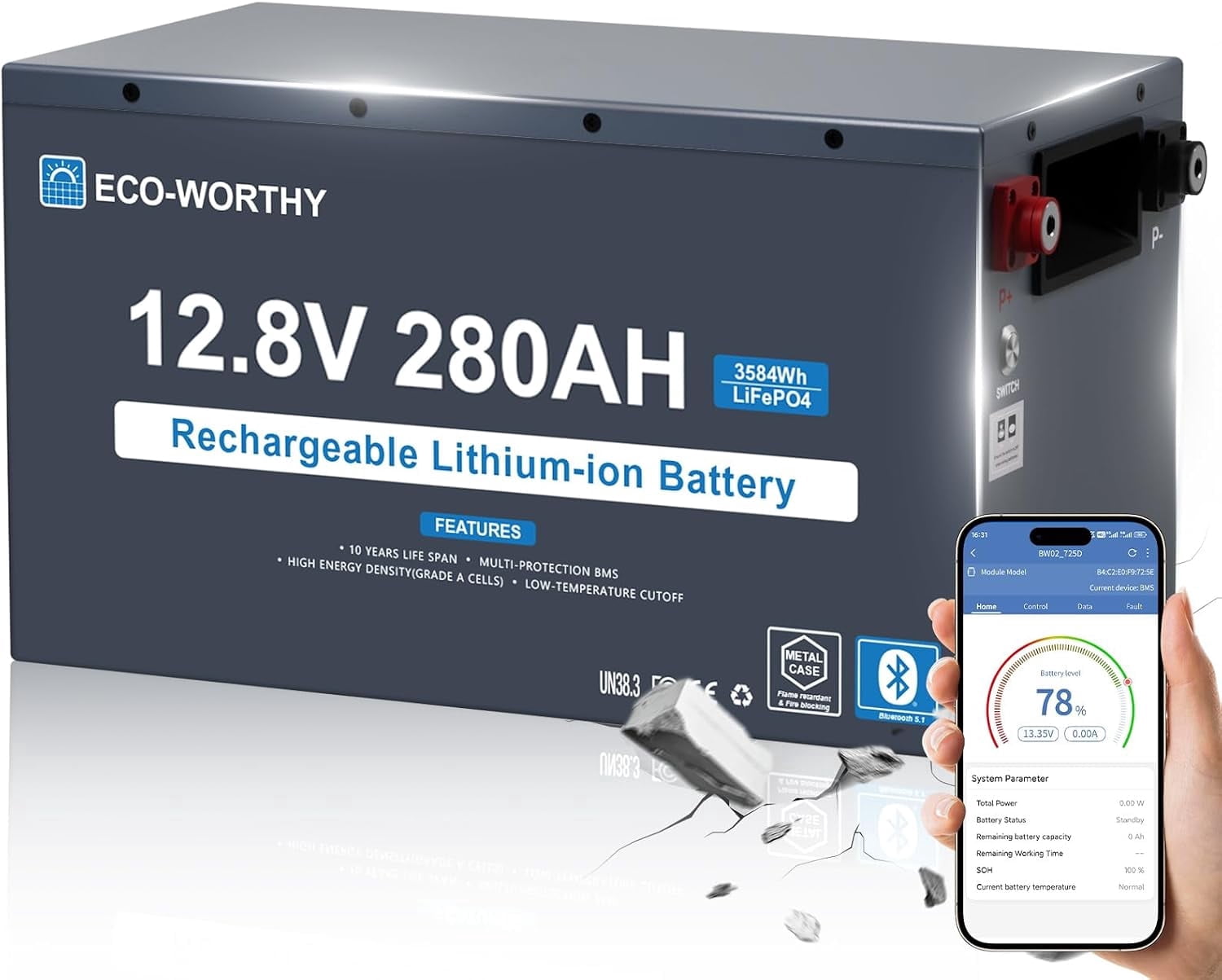 ECO-WORTHY 12V 280Ah LiFePO4 Battery with Bluetooth, 3584Wh, 200A BMS, Low-Temperature Protection, Metal Case for RV, Marine and Solar