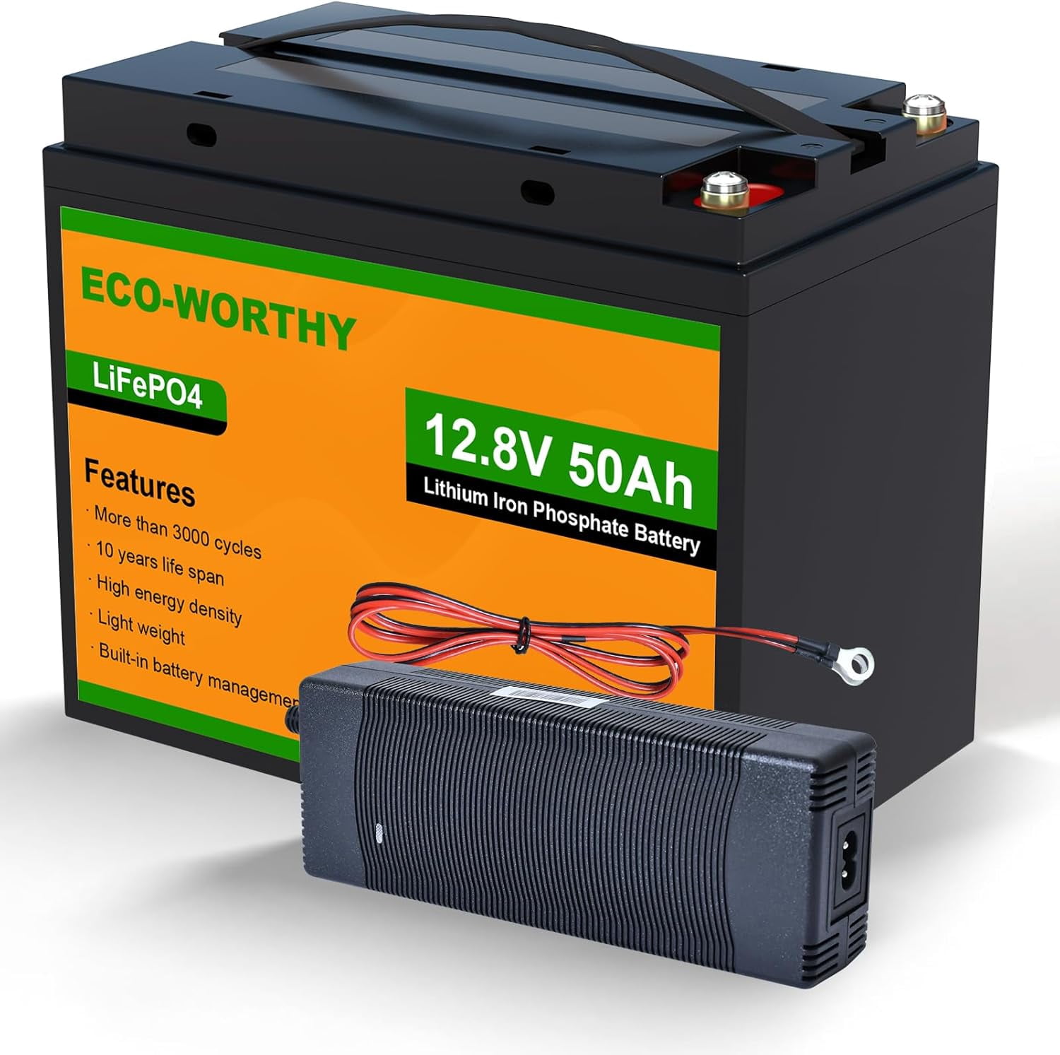 ECO-WORTHY 12V 50Ah Rechargeable LiFePO4 Trolling Motor Battery with 10A Smart Lithium Battery Charger, Up to 15000 Cycles, for Marine, Power Wheel Chair, Replacement of SLA Battery (Split Shipment)