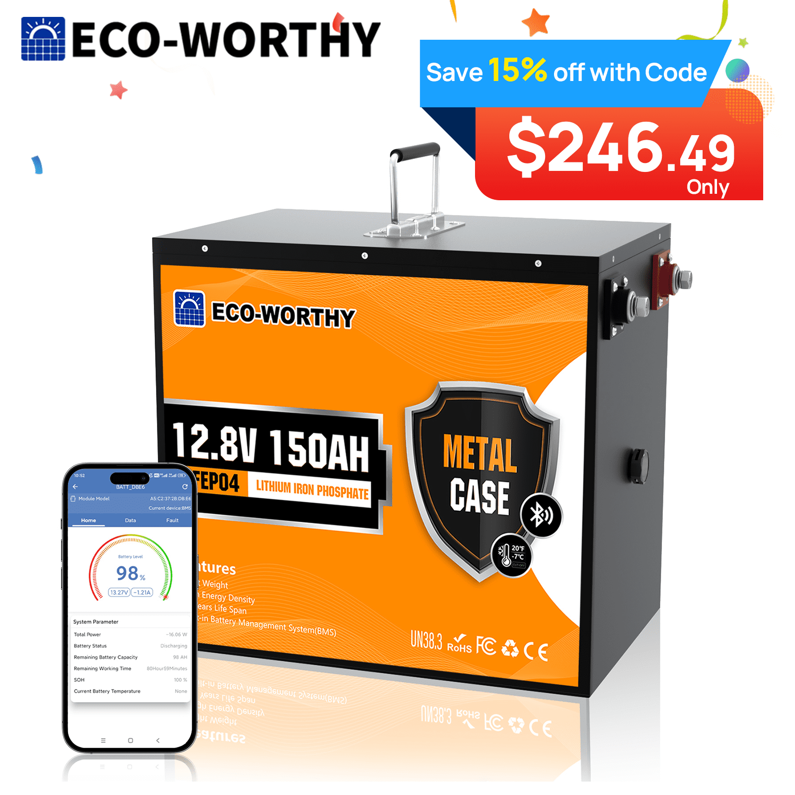 ECO-WORTHY 1920Wh 12V 150Ah LiFePO4 Lithium Battery Bluetooth For RV Home