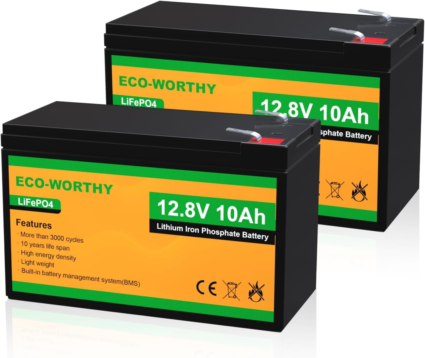 ECO-WORTHY 2 Pack 12V 10Ah LiFePO4 Lithium , 3000+ Deep Cycle Rechargeable , Perfect for Kids Power Wheels, , Lighting, Fish Finder