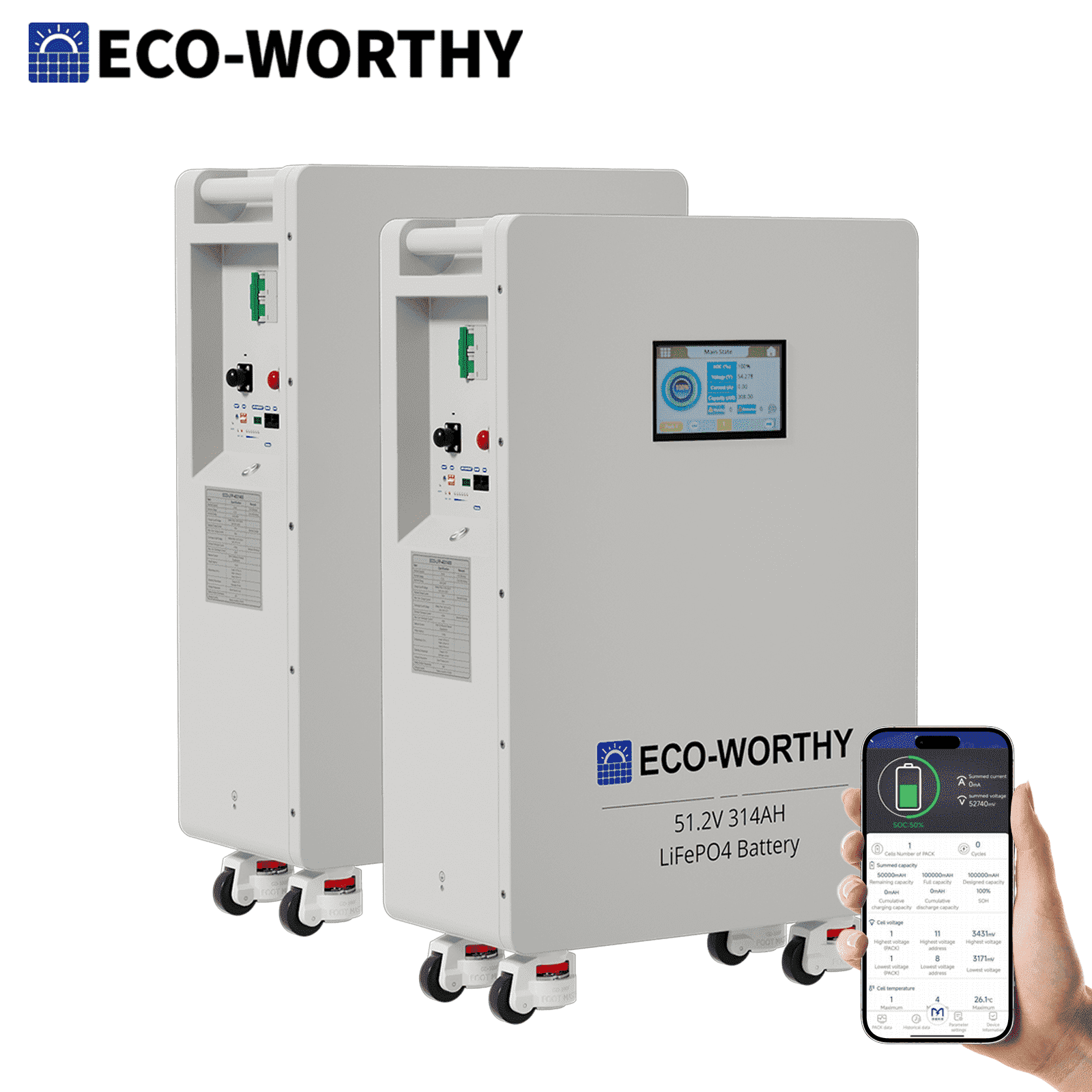 ECO-WORTHY 32.15kWh 2Pack 48V 314AH LiFePO4 Battery Vertical Standing